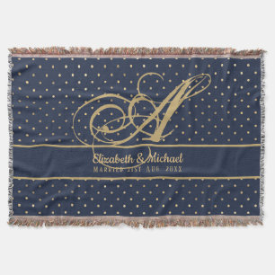 Monorgam Navy Blue Gold Polkadot Newlyweds Wedding Throw Blanket