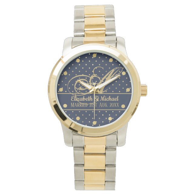 Monorgam Navy Blue Gold Polkadot Newlyweds Wedding Watch (Front)
