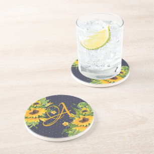 Monorgammed Sunflowers Blue Yellow Decor Modern Coaster