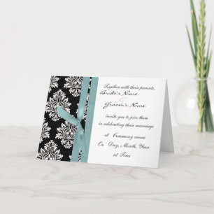 monotone Damask Wedding invite/ teal ribbon Invitation
