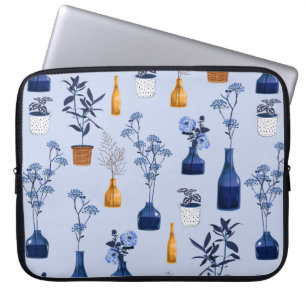 Monotone of modern flowers and vase ,pot  with bot laptop sleeve