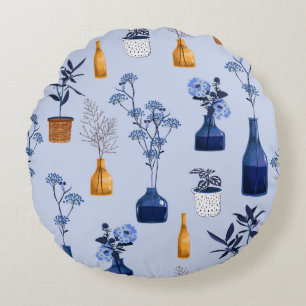 Monotone of modern flowers and vase ,pot  with bot round pillow