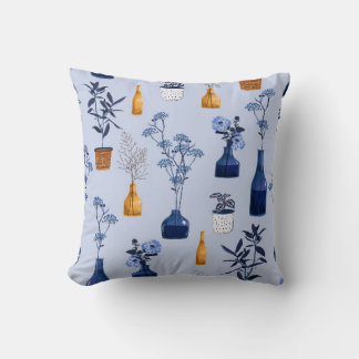 Monotone of modern flowers and vase ,pot with bot throw pillow