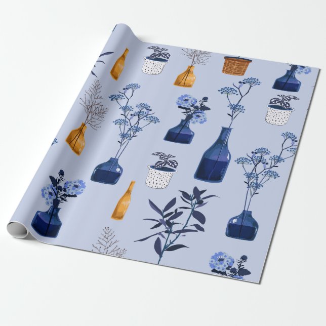 Monotone of modern flowers and vase ,pot  with bot wrapping paper (Unrolled)