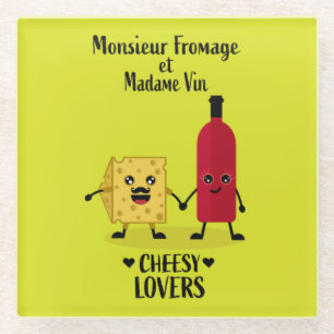 Monsieur Fromage et Madame Vin Cheesy lovers Glass Coaster