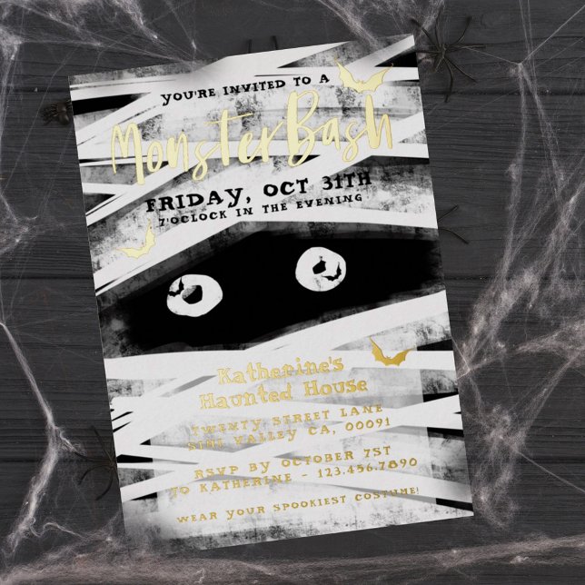 Monster Bash | Black & White Mummy Halloween Party (Monster Bash | Black & White Mummy Halloween Party Foil Invitation)