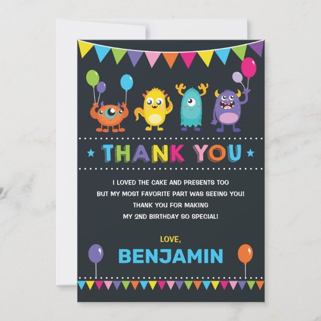Monster Birthday Bash Chalkboard Thank You Card (Front)