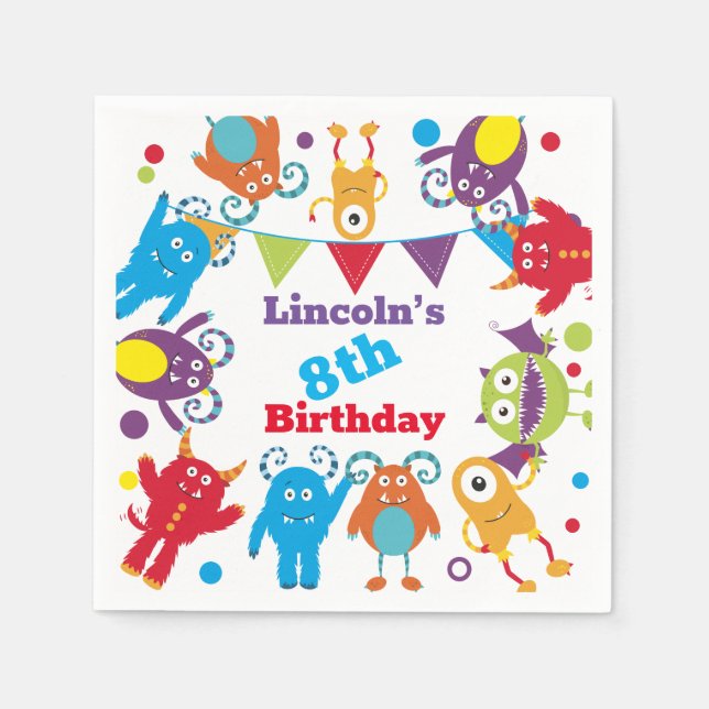 Monster Birthday Bash Personalized Party Napkins (Front)