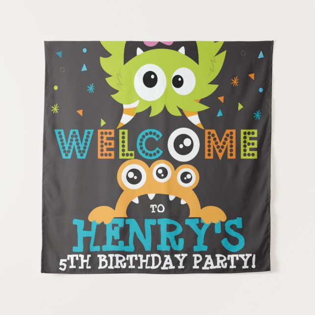 Monster Birthday Party Personalized Backdrop Tapestry (Front)