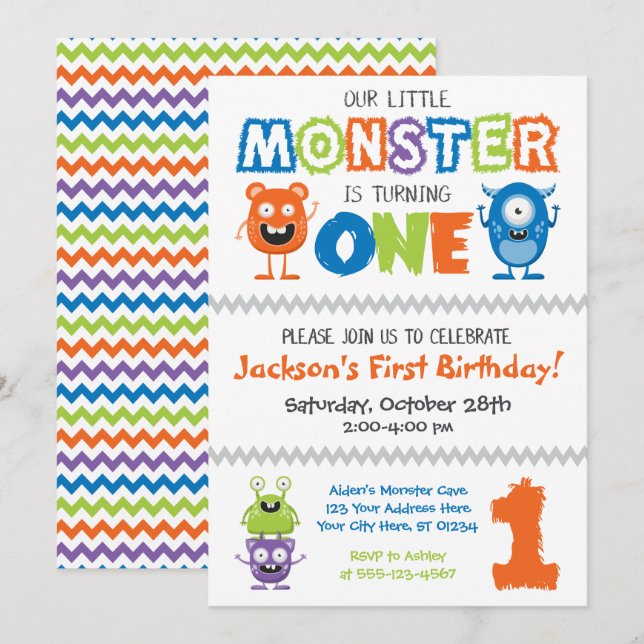 Monster First Birthday Invitation (Front/Back)