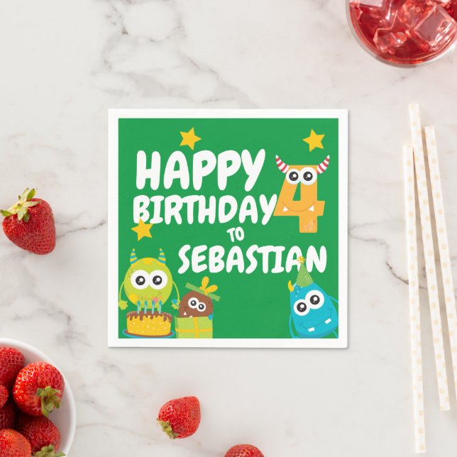 Monster Fun Four Year Old Birthday Personalized Napkin (Insitu)