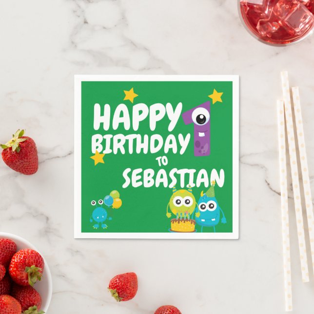 Monster Fun One Year Old Birthday Personalized Napkin (Insitu)