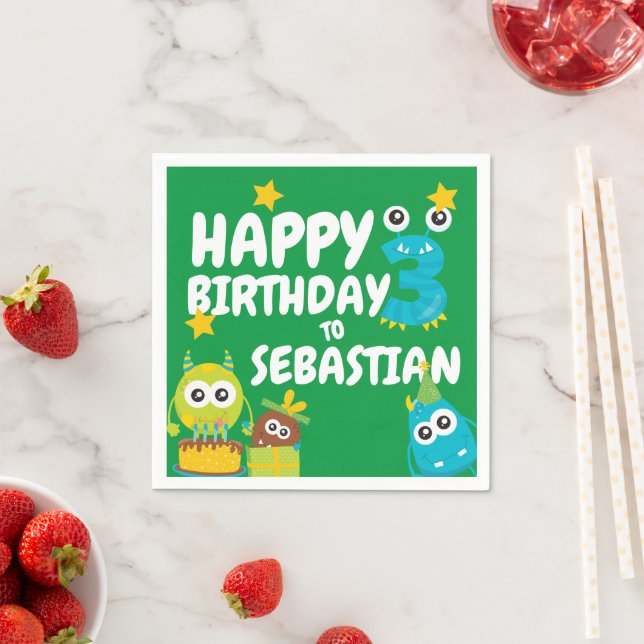 Monster Fun Three Year Old Birthday Personalized Napkin (Insitu)