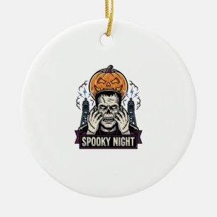Monster Halloween Shirt with Pumpkin Moon Engravin Ceramic Ornament