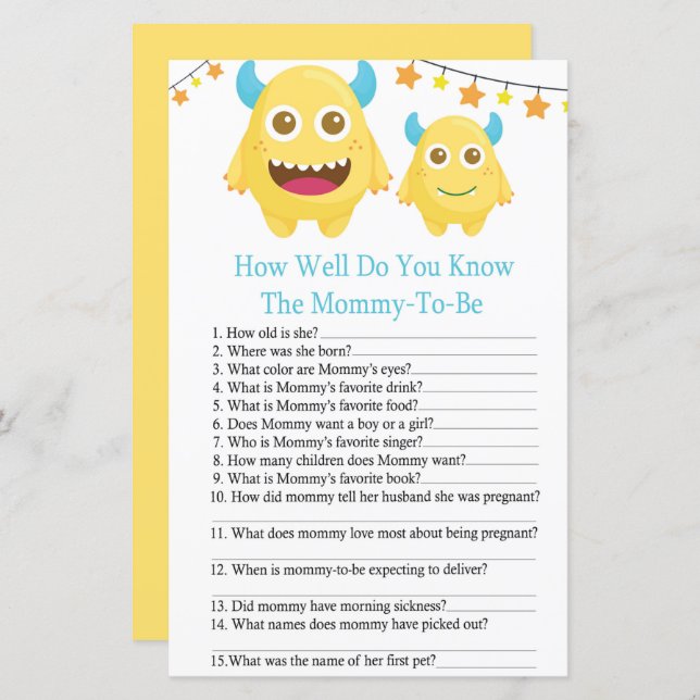 Monster how well do you know baby shower game (Front/Back)