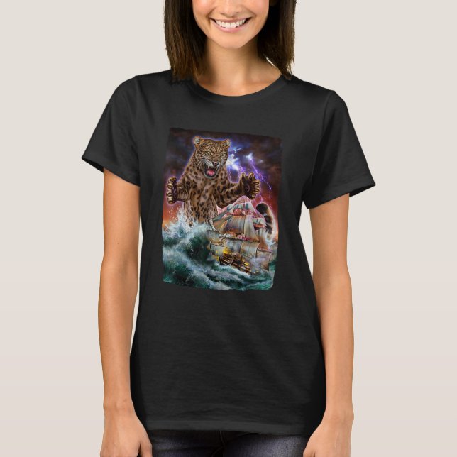 Monster Jaguar Cat as Kraken Attack a War Ship at  T-Shirt (Front)