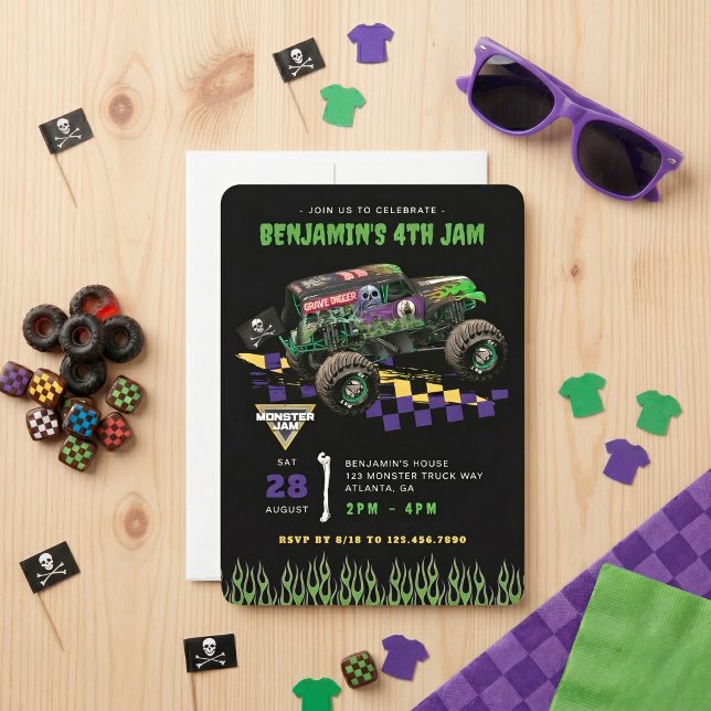 Monster Jam - Grave Digger Birthday Invitation (Simulated invitation on table)