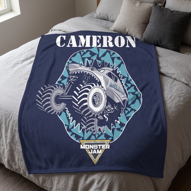 Monster Jam Megalodon - Personalized Fleece Blanket (Simulated blanket on bed)