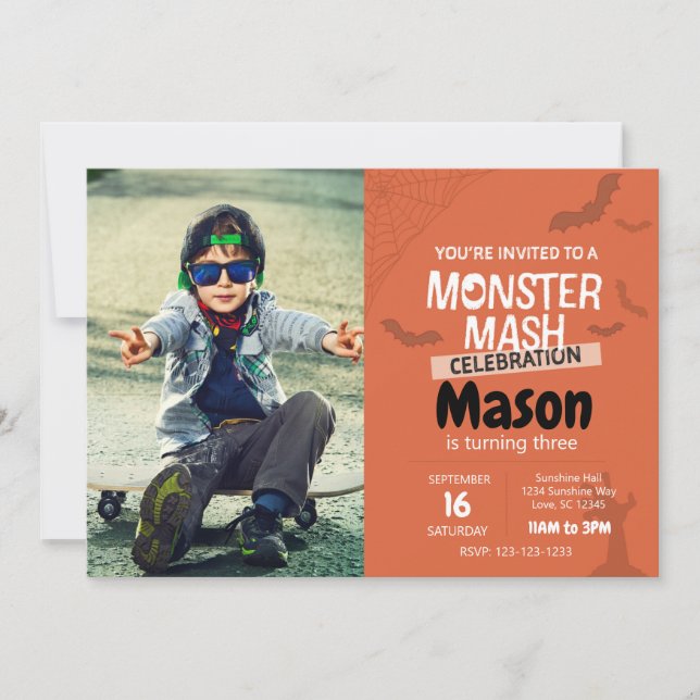 Monster Mash Birthday Invite with photo (orange) (Front)