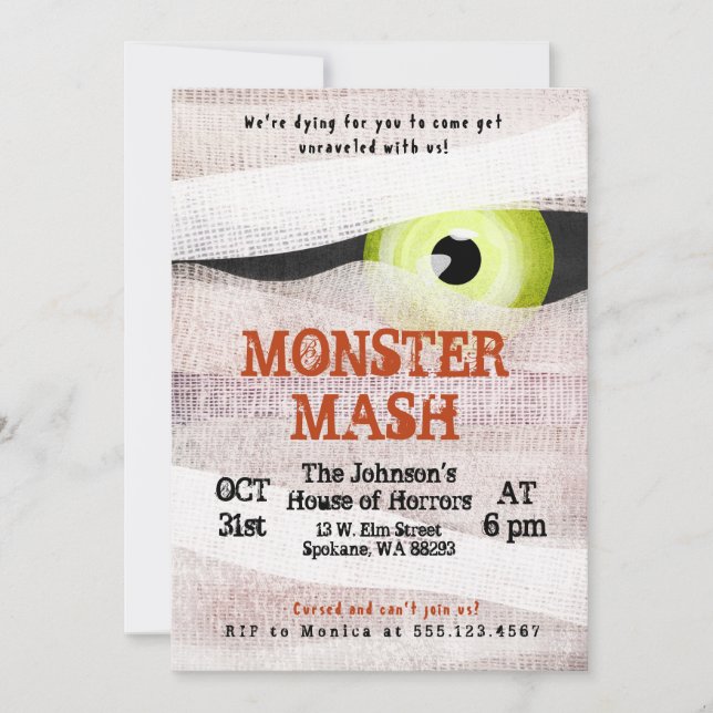 Monster Mash Halloween Bash Mummy Invitation (Devant)