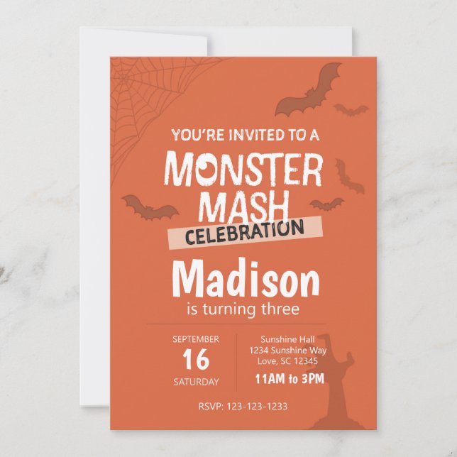 Monster Mash Halloween Birthday Invite (orange) (Front)