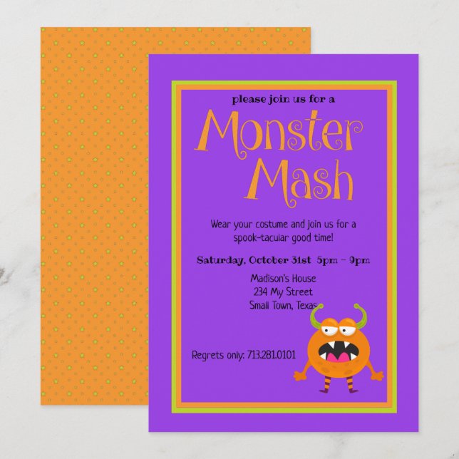 Monster Mash Orange Kids Cute Colourful Halloween Invitation (Front/Back)