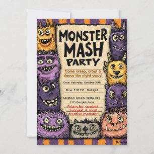 "Monster Mash Party" with Cute Monsters Invitation