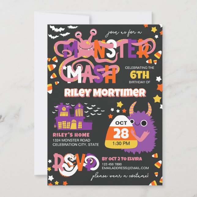Monster Mash Typography Girl Halloween Birthday Invitation (Front)