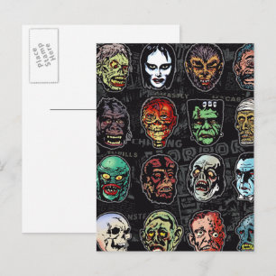 Monster Masks Colour Postcard – Retro Halloween Ar