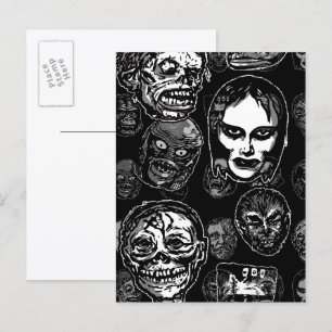 Monster Masks Horror Art Postcard black & white
