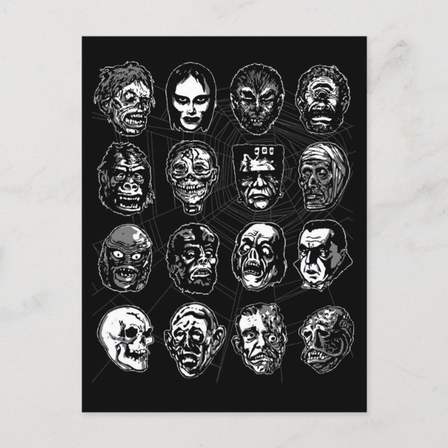 Monster Masks Horror Art Postcard black & white (Front)