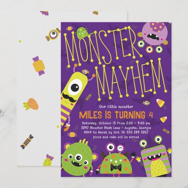 Monster Mayhem Birthday Party Invitation (Front/Back)