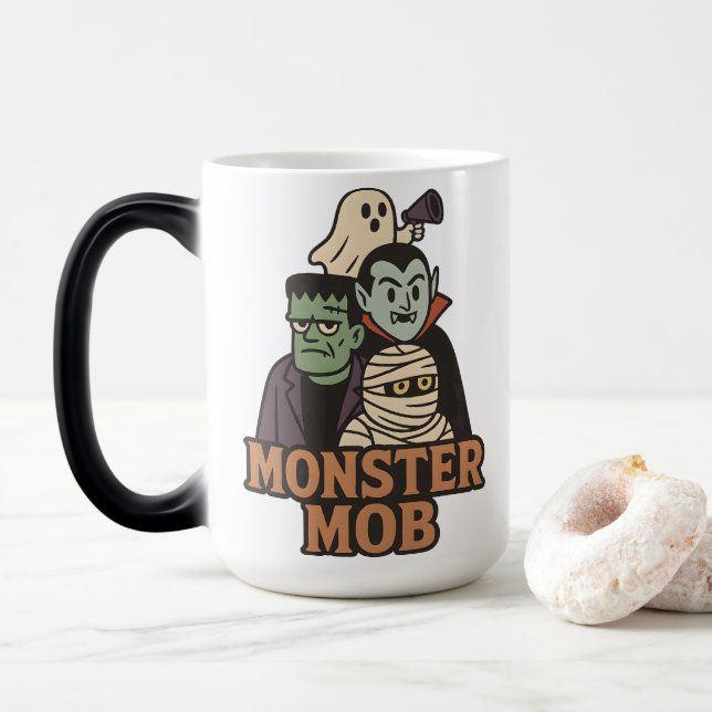 Monster Mob Frankenstein Vampire Mummy Ghost Group Magic Mug (With Donut)