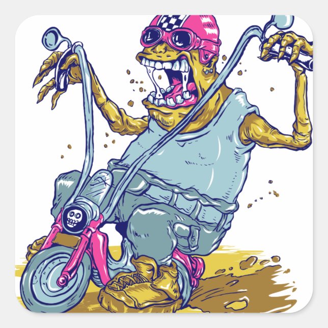 Monster Motorcycle Biker Cartoon Square Sticker (Front)