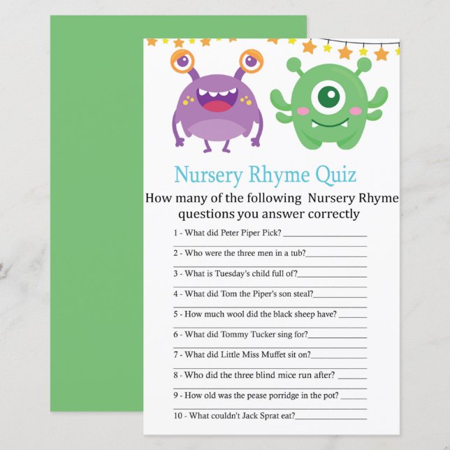 Monster Nursery Rhyme Quiz baby shower game (Front/Back)