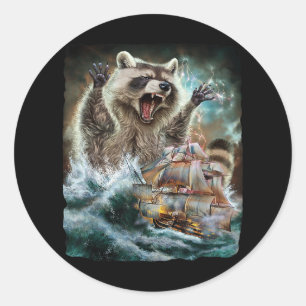 Monster Raccoon As Kraken Attack A War Ship At Hig Classic Round Sticker
