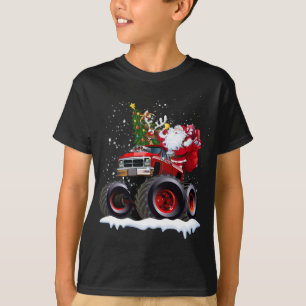 Monster Red Truck With Santa, Christmas Tree, Rein T-Shirt