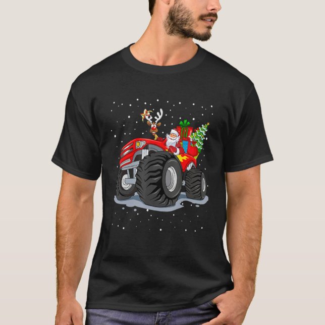 Monster Red Truck With Santa Christmas Tree Reinde T-Shirt (Front)