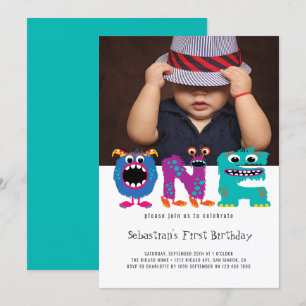 Monster Text First Birthday Photo Personalized Invitation