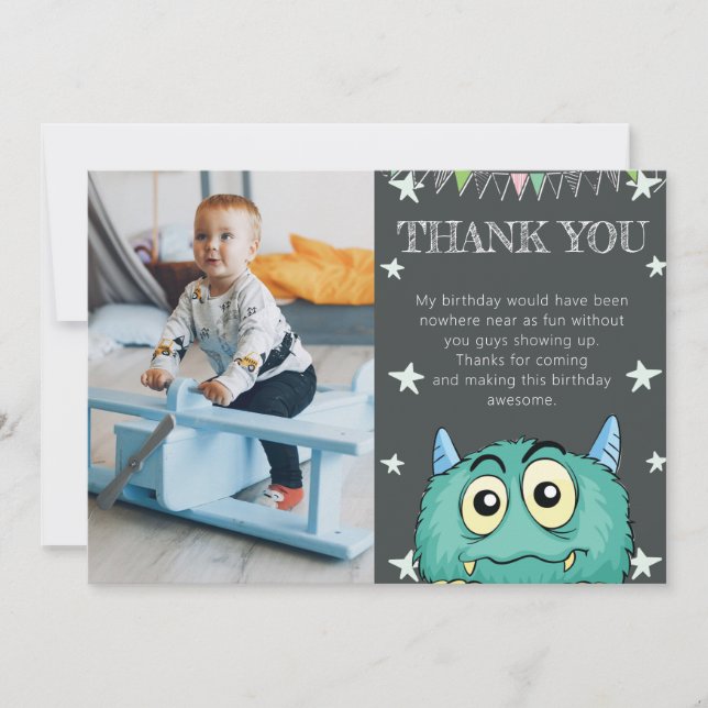 Monster Theme Photo Birthday Thank You Card (Front)
