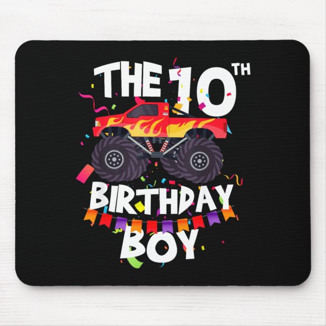 Monster Truck 10th Birthday Boy Funny 10 Years Old Mouse Pad (Front)