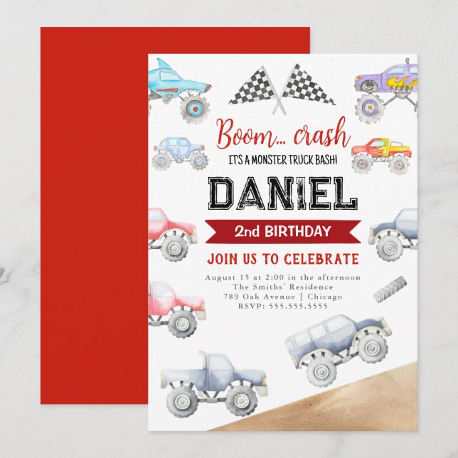 Monster Truck 2nd Birthday Invitation (Front/Back)