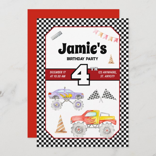 Monster Truck 4th Birthday Invitation (Front/Back)