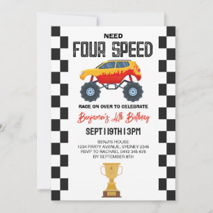 Monster Truck 4th Birthday Party Invitation