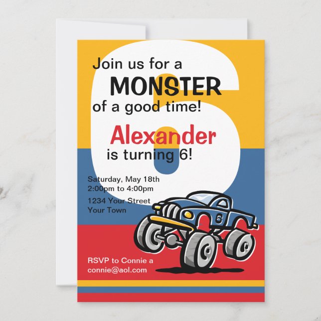 Monster Truck 6th Birthday Invitation (Front)