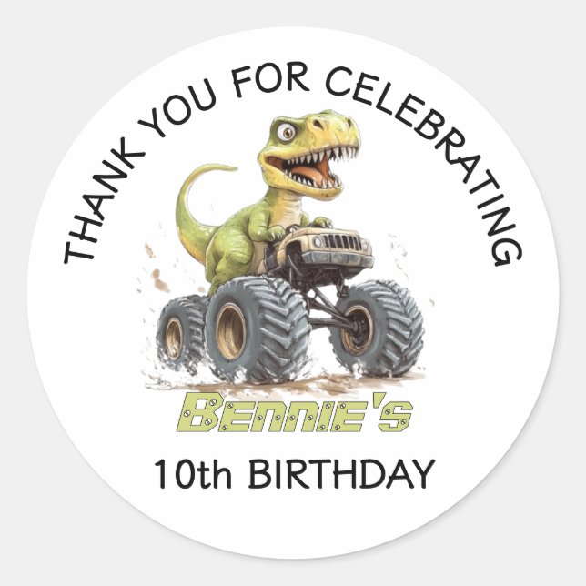Monster Truck And T-Rex Dinosaur Birthday Party  Classic Round Sticker (Front)