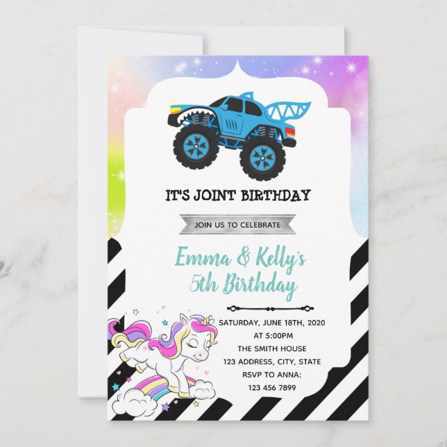 Monster truck and unicorn joint party Invitation (Front)