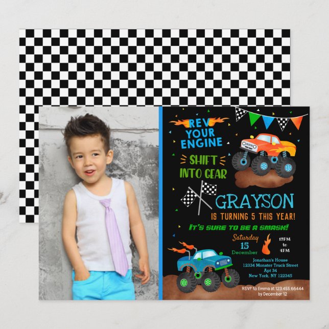 Monster Truck Anniversaire Fête Invitations pour g (Devant / Derrière)
