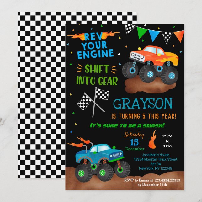 Monster Truck Anniversaire Fête Invitations pour g (Devant / Derrière)
