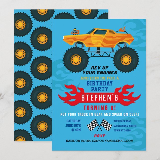 Monster Truck Anniversaire Flames Grand Invitation (Devant / Derrière)